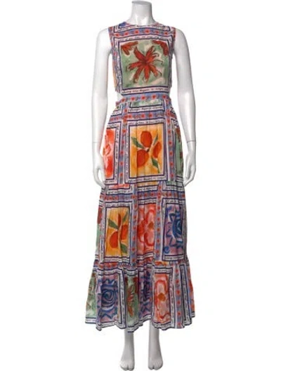 Pre-owned Lingua Franca Printed Long Dress In Blue