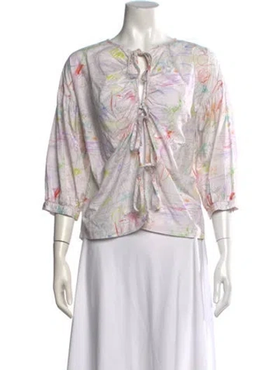 Pre-owned Lingua Franca Printed Tie Neck Top In White
