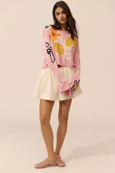 Lingua Franca Reina Silk Blend Crew-neck Bell-sleeve Cropped Lemon Motif Sweater