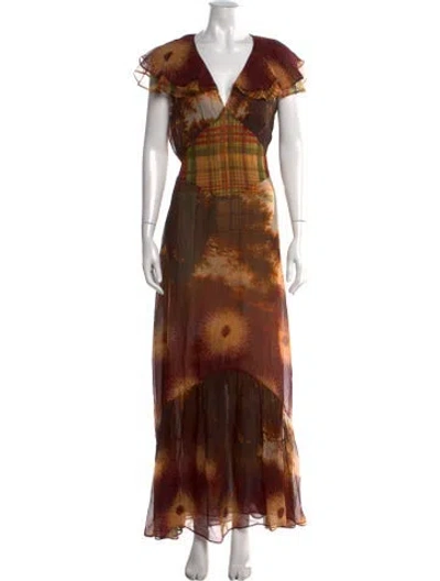 Pre-owned Lingua Franca Silk Long Dress In Brown