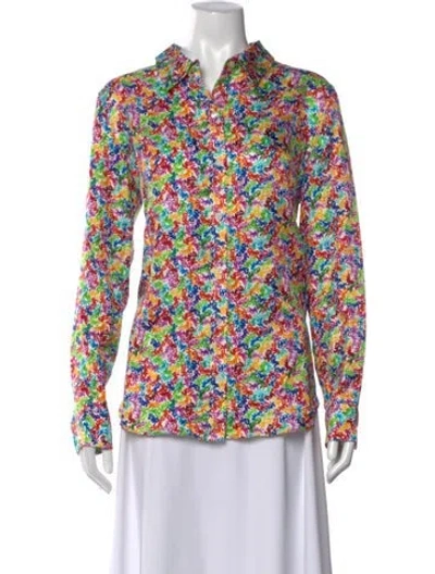 Pre-owned Lingua Franca Silk Printed Button-up Top In White