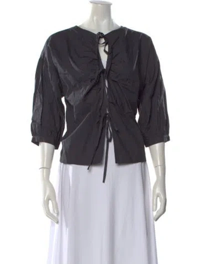 Pre-owned Lingua Franca Tie Neck Three-quarter Sleeve Top In Gray