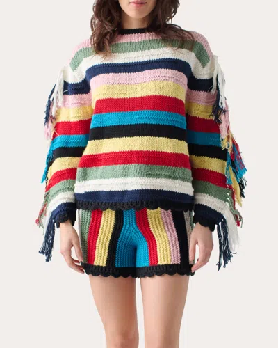 LINGUA FRANCA WOMEN'S MARATHI STRIPE COTTON FRINGED CREWNECK SWEATER