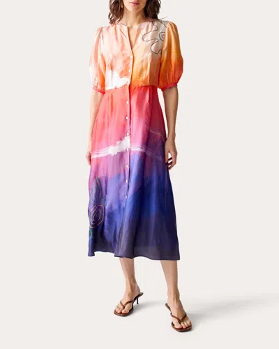 Lingua Franca Women's Psili Amos Embroidered Puff-sleeve Silk Twill Midi Dress In Dawn Print