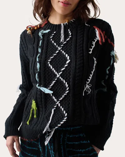 Lingua Franca Women's Vaggelis Cable Knit Cotton Appliqué Crewneck Sweater In Black