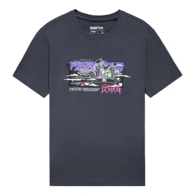 Li-ning Badfive Graphic Loose Fit T-shirt 'dark Grey' In Blue