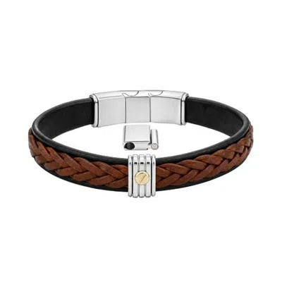 Link Up Braid On Leather Band & Gold Vermaile Detail Bracelet In Brown/black