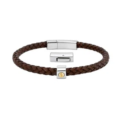Link Up Braided Leather Signature Steel Bracelet With Gold Detail In Brown