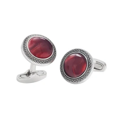 Link Up Burgundy Gemstone Round Cufflinks With Antique Silver Braided Border In Metallic