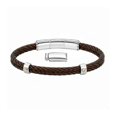 Link Up Double Steel Cable Bracelet With Gold Link Detail In Brown