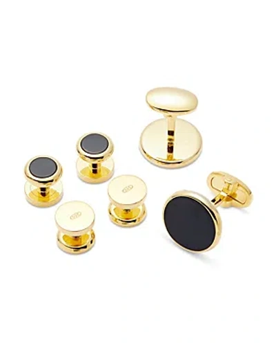 Link Up Gold-tone Round Black Obsidian Stud & Cufflink Set