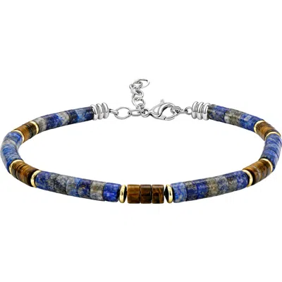 Link Up Semi-precious Discs & Gold-tone Beaded Bracelet In Blue/brown