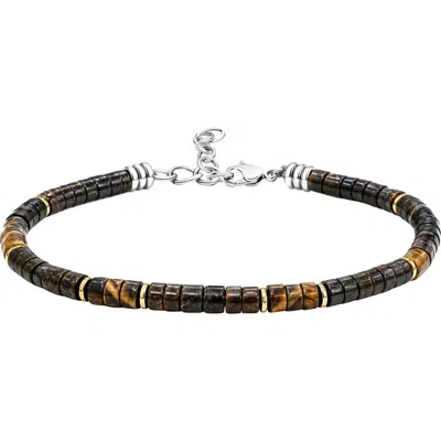 Link Up Semi-precious Discs & Gold-tone Beaded Bracelet In Bronze/brown