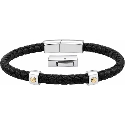Link Up Two-tone Braided Leather Double Steel Bracelet In Black
