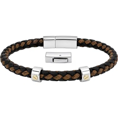 Link Up Two-tone Braided Leather Double Steel Bracelet In Tan/brown