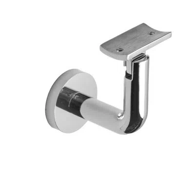 Linnea Glass Mount Handrail Bracket With Round Rose And Curved Plate In Polish Stainless Steel
