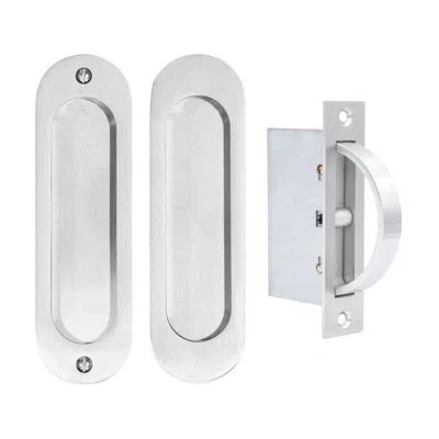Linnea Oval Pocket Door Hardware - Passage Set With Edge Pull In Satin Stainless Steel