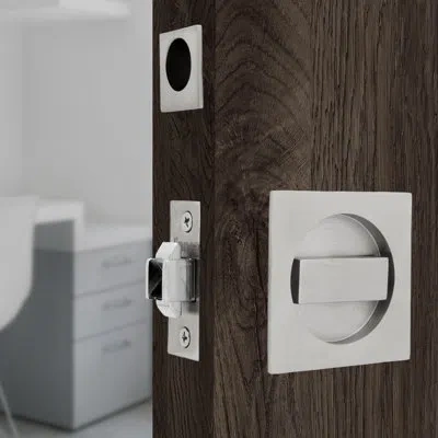 Linnea Square Pocket Door Privacy Set With Finger Edge Pull In Satin Stainless Steel