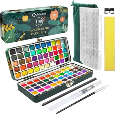 Linqz Watercolor Paint Set 100 Colors With Metallic In Portable Box, Paint Kit With Watercolor Papers And  In Multi