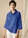Lintico 100% Linen Dropped Collar Long-sleeve Top Tristan In Blue