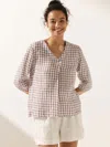 Lintico 100% Linen Gingham Checked Puff Sleeves Top In Brown