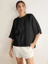 Lintico 100% Linen Round Neck Mid-sleeve Top Robyn In Black