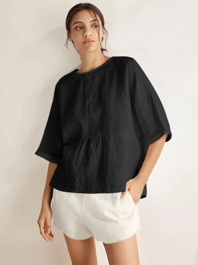 Lintico 100% Linen Round Neck Mid-sleeve Top Robyn In Black