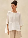 Lintico 100% Linen Round Neck Mid-sleeve Top Robyn In Blue