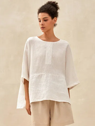 Lintico 100% Linen Round Neck Mid-sleeve Top Robyn In Blue