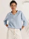 Lintico Jade 100% Linen Shawl V-neck Half Sleeve Top In Blue