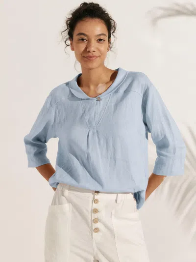 Lintico Jade 100% Linen Shawl V-neck Half Sleeve Top In Blue