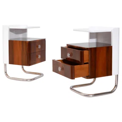 Pre-owned Linu Enache Bespoke Modernist Bedside Cabinets, Chrome-plated Metal, Glossy Lacquered Wood In Brown