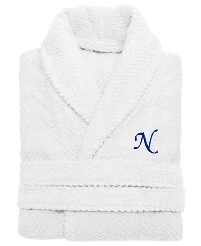 Linum Home 100% Turkish Cotton Personalized Unisex Herringbone Bath Robe In White