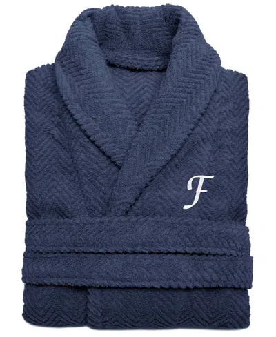 Linum Home 100% Turkish Cotton Personalized Unisex Herringbone Bath Robe In Blue