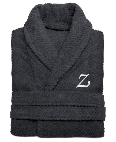 Linum Home 100% Turkish Cotton Personalized Unisex Herringbone Bath Robe In Black