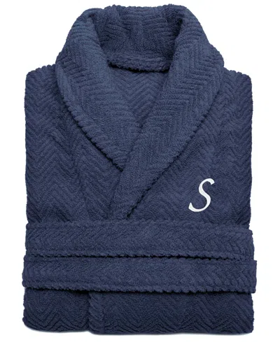Linum Home 100% Turkish Cotton Personalized Unisex Herringbone Bath Robe In Blue