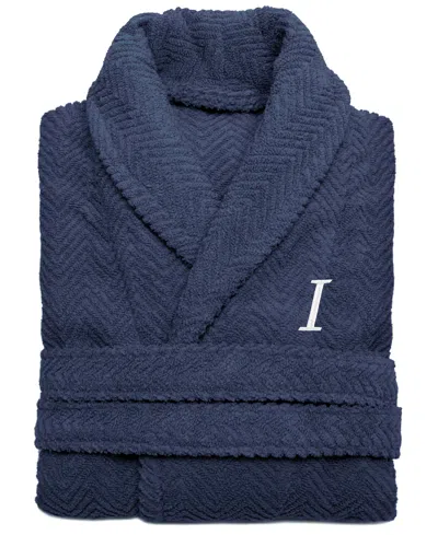 Linum Home 100% Turkish Cotton Personalized Unisex Herringbone Bath Robe In Blue