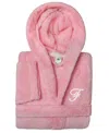 Linum Home Personalized Kids Super Plush Hooded Bathrobe In F Pink,white