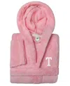 Linum Home Personalized Kids Super Plush Hooded Bathrobe In Pink,white T
