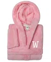 Linum Home Personalized Kids Super Plush Hooded Bathrobe In Pink,white W