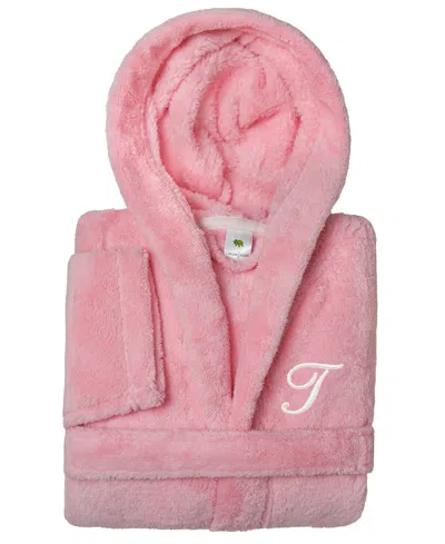 Linum Home Personalized Kids Super Plush Hooded Bathrobe In T Pink,white