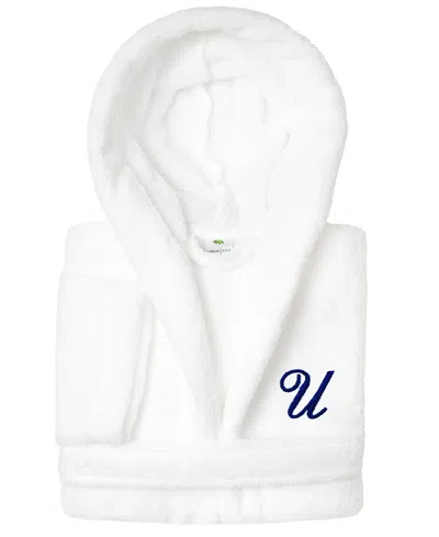Linum Home Personalized Kids Super Plush Hooded Bathrobe In U White,navy