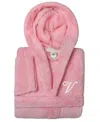 Linum Home Personalized Kids Super Plush Hooded Bathrobe In V Pink,white