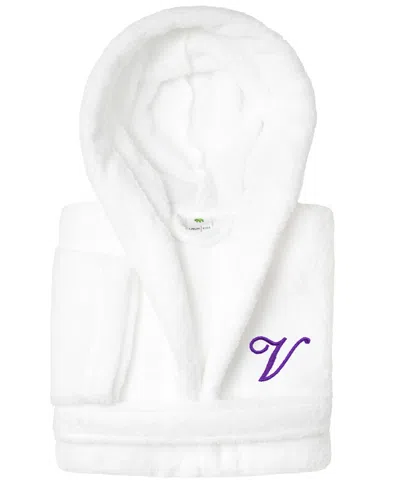 Linum Home Personalized Kids Super Plush Hooded Bathrobe In V White,purple
