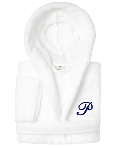 Linum Home Personalized Kids Super Plush Hooded Bathrobe In White,navy P