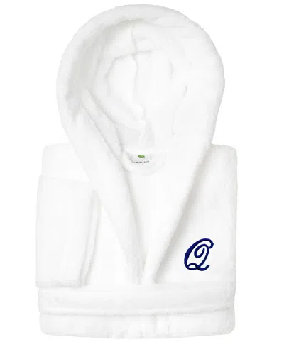 Linum Home Personalized Kids Super Plush Hooded Bathrobe In White,navy Q