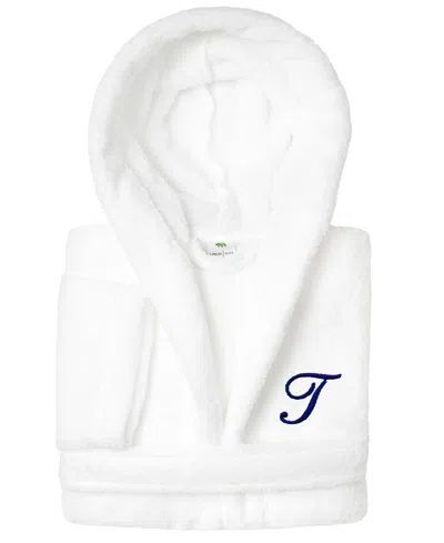 Linum Home Personalized Kids Super Plush Hooded Bathrobe In White,navy T