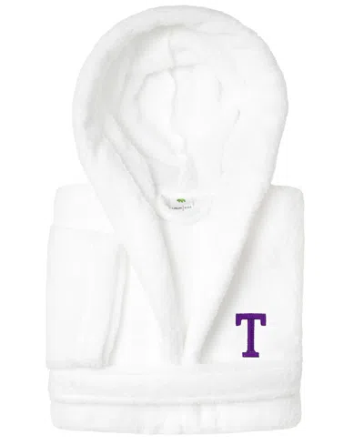 Linum Home Personalized Kids Super Plush Hooded Bathrobe In White,purple T