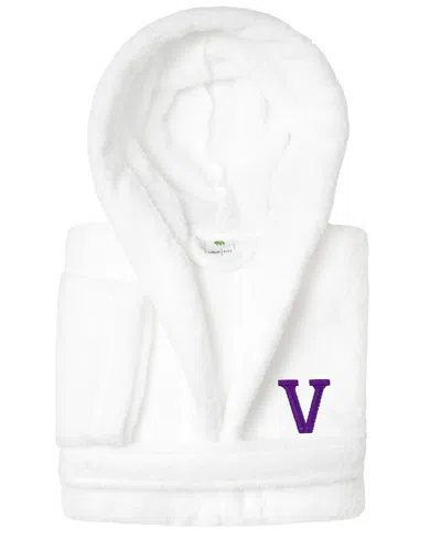 Linum Home Personalized Kids Super Plush Hooded Bathrobe In White,purple V