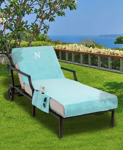 Linum Home Personalized Standard Size 100% Turkish Cotton Chaise Lounge Cover With Side Pockets In Blue
